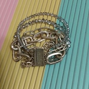 Vtg Multifaceted Crystal Gold Chain Links Bracelet With Magnet Clasp